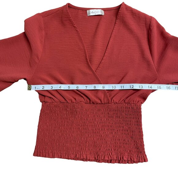 ALTAR'D STATE BLOUSE CROP RUFFLE SMOCKED V-NECK FEMININE FLOUNCE SIZE S RUST - Picture 6 of 7